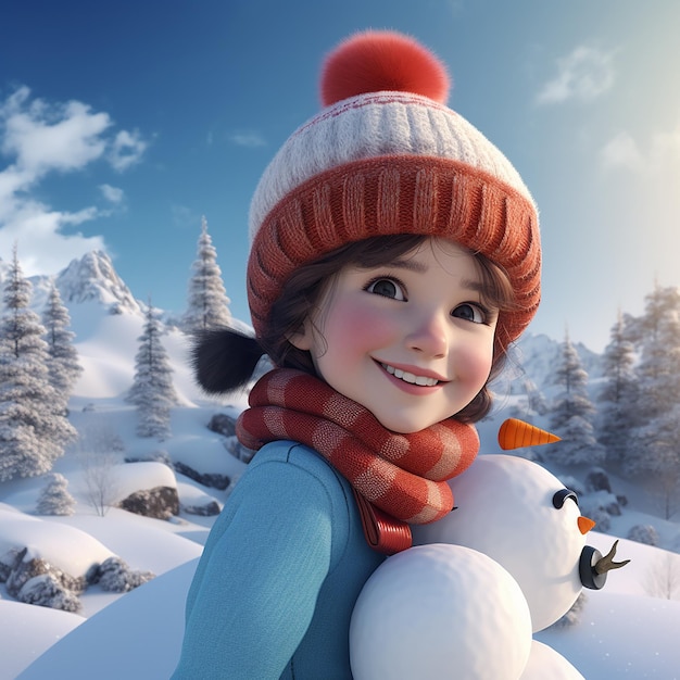 3D rendu une petite fille avec un visage souriant faisant un bonhomme de neige
