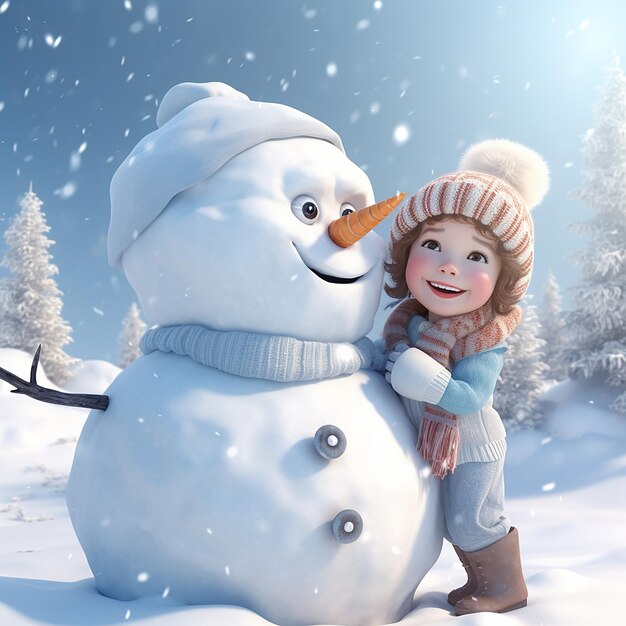 3D rendu une petite fille avec un visage souriant faisant un bonhomme de neige