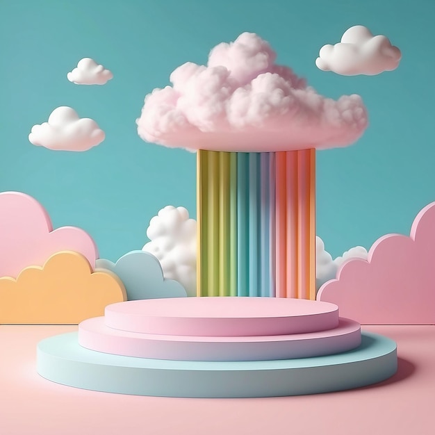 3D rendu podium style enfant avec couleur fond pastel nuages et la météo avec de l'espace pour les enfants ou le produit bébé