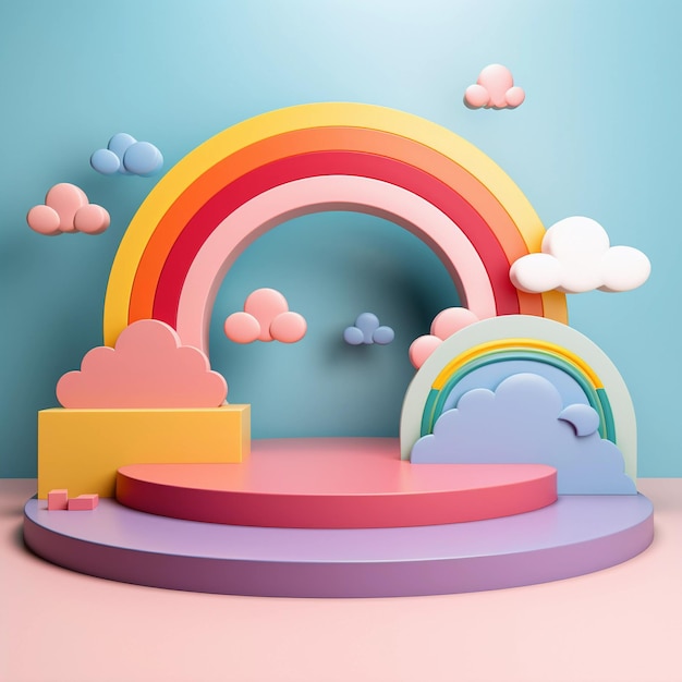 3D rendu podium style enfant nuages de fond colorés et la météo avec de l'espace vide pour les enfants