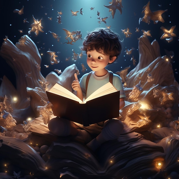 Photo 3d rendu un rêveur garçon de dessin animé qui passe à travers un livre dans un autre monde