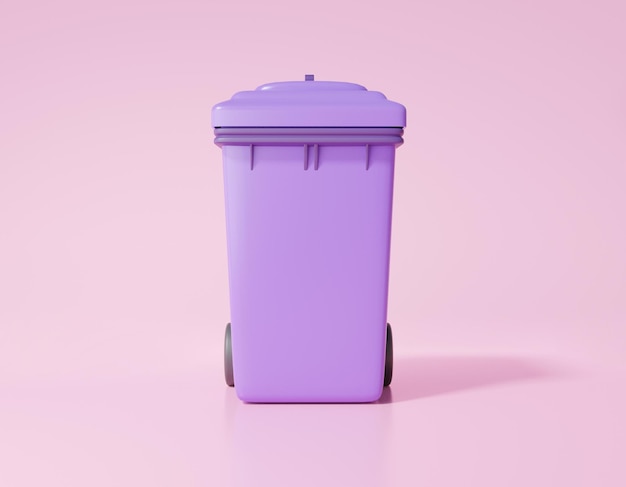 3D simple poubelle violet sur fond rose concept de conservation de l'environnement ordures opy espace dessin animé minimal illustration de rendu 3d