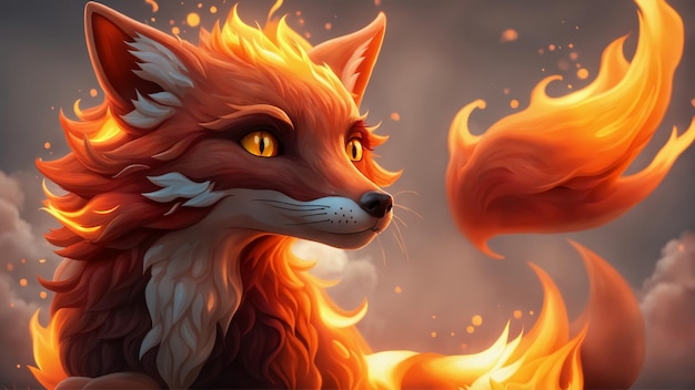 Photo 3d style mignon renard roux feu surround en flamme