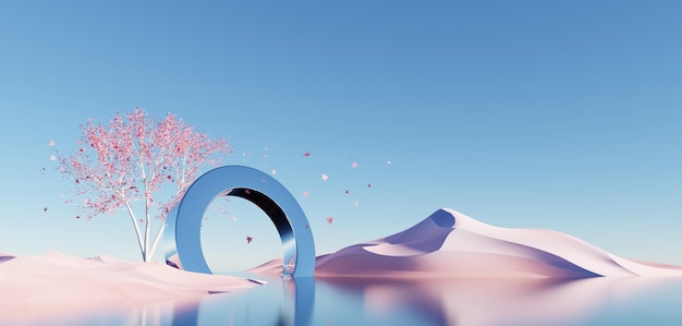 3D Surreal Beautiful Dreamland background Abstract Dune paysage de saison d'hiver avec arc géométrique