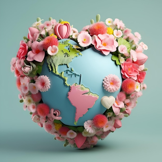 3D la Terre décorée pour la fête de la Saint-Valentin le monde en forme de cœur avec des fleurs roses japonaises