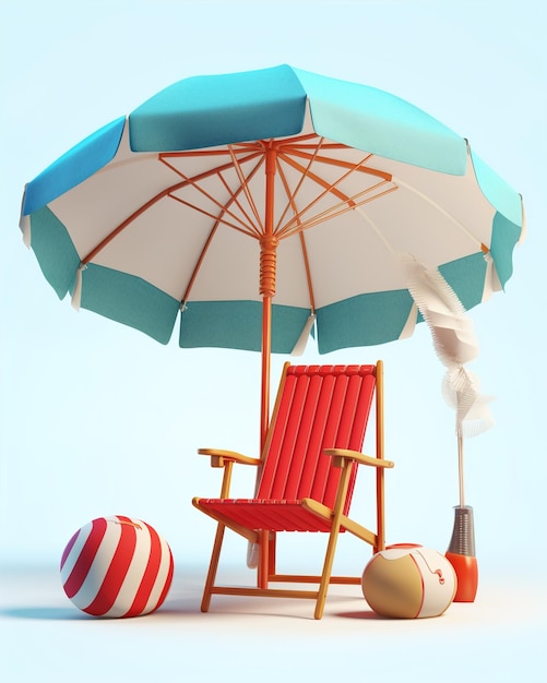 3d Vector Beach Chair Parapluie jaune et boule Fêtes d'été Conception du temps de voyage