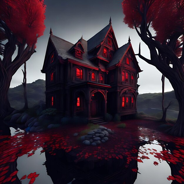 Photo 3d vray rend single maison effrayante fond noir rouge nuit