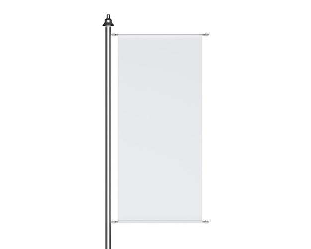 Photo 3d white street banner ad textile stand on pole vertical rectangle flag hanging on metal frame fabric promotion poster blank billboard display isolated on background rendu 3d réaliste maquette