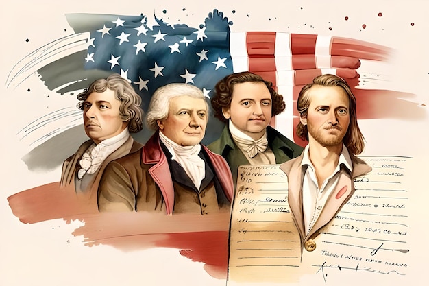 4 juillet jour de l'indépendance Dessin aquarelle sur fond blanc de personnalités américaines qui ont signé la déclaration d'indépendance des États-Unis contre l'art numérique généré par l'IA