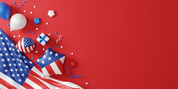 4 juillet usa fête de l'indépendance fête du travail et conception de bannière du jour du souvenir du drapeau américain et ballon avec boîte-cadeau rendu 3D