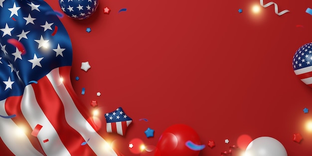 4 juillet USA Journée de l'indépendance du travail et du mémorial conception de bannière du drapeau américain et des ballons sur fond rouge rendu 3D