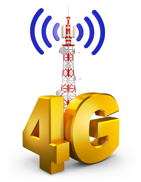 4G et une tour de communication. Rendu 3d.