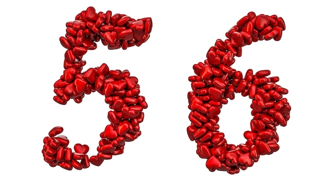 5 chiffres de cœurs rouges rendu en 3D