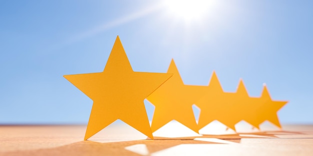 5 Cinq étoiles sur fond de ciel bleu de table icône cinq étoiles pour le service de satisfaction de l'évaluation des commentaires Expérience du service client et enquête de satisfaction de l'entreprise illustration 3d