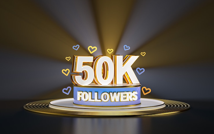 Photo 50k adeptes célébration merci bannière de médias sociaux avec rendu 3d de fond d'or de projecteur