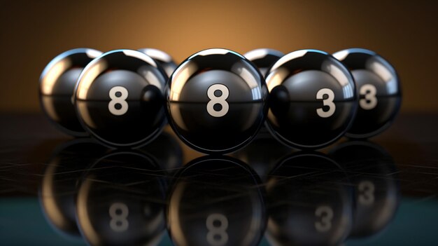 8 boules de billard et boule noire en 3D