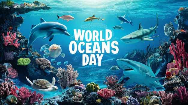 8 juin Journée mondiale des océans avec des dauphins sous-marins, des requins, des coraux, des plantes marines, des raies et des tortues.