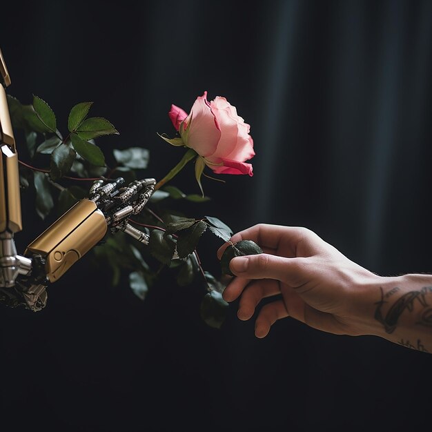 Photo a_robotic_arm_handing_flowers_to_a_blind_hum