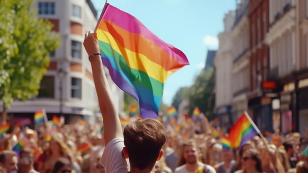 A_spectator_waves_a_gay_rainbow_flag_at_an magnifiquement réalisé avec une IA générative