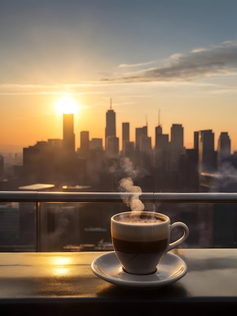 _A_steaming_cup_of_coffee_perched_atop_a_city_sk_