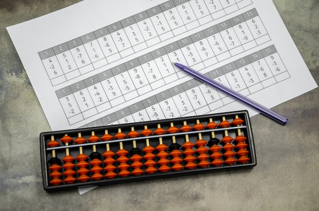 Abacus pour le calcul mental sur fond de feuille de papier avec des exemples de calcul.