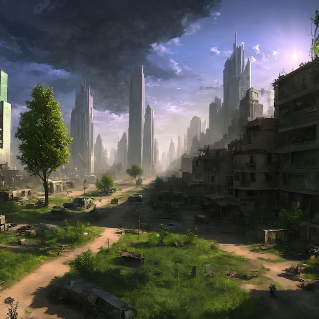 Abandonnez la ville post-apocalyptique avec l'art génératif de l'arbre vert par AI