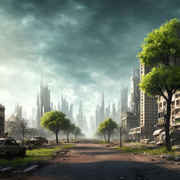Abandonnez la ville post-apocalyptique avec l'art génératif de l'arbre vert par AI