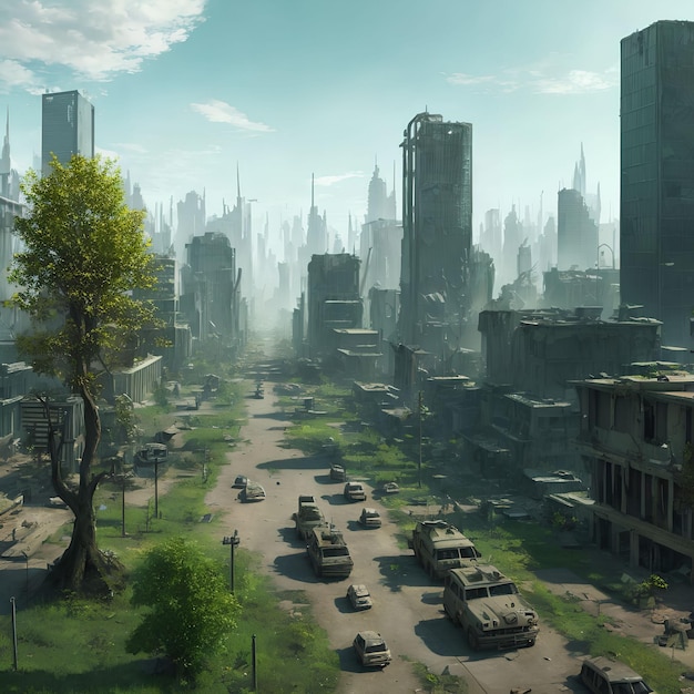 Abandonnez la ville post-apocalyptique avec l'art génératif de l'arbre vert par AI