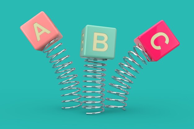 ABC Cubes sautant avec le printemps sur un fond bleu. Rendu 3D