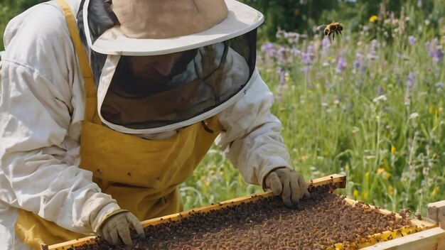 L'abeille ailée vole lentement vers l'apiculteur pour recueillir le nectar dans le rucher privé des fleurs vivantes du rucher.