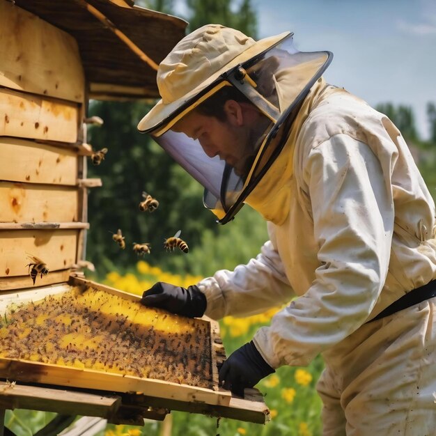 L'abeille ailée vole lentement vers l'apiculteur pour recueillir le nectar sur une ruche privée à partir de fleurs vivantes.