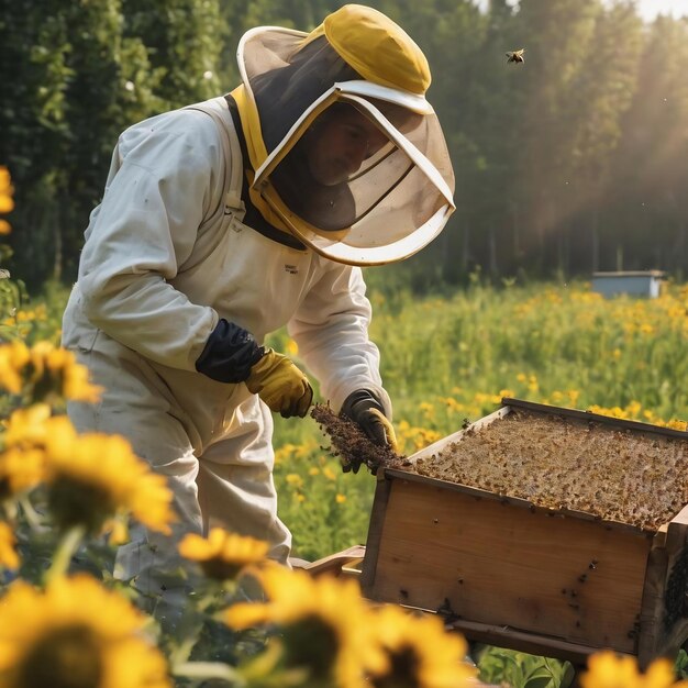 L'abeille ailée vole lentement vers l'apiculteur pour recueillir le nectar sur une ruche privée à partir de fleurs vivantes.