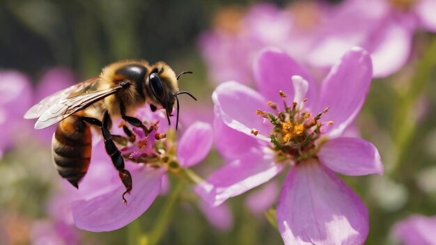 L'abeille ailée vole lentement vers l'apiculteur pour recueillir le nectar.