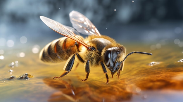 Une abeille arafed buvant de l'eau d'un étang avec un fond flou
