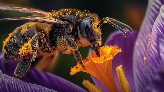 abeille arrafée sur une fleur violette avec un pollen jaune génératif ai