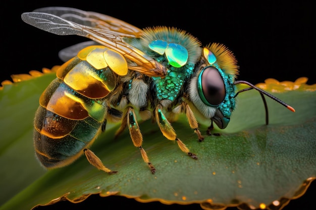 Abeille assise sur une feuille verte avec des gouttes d'eau Macro