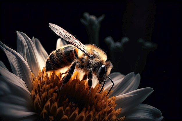 Une abeille assise sur une fleur et brillant sur un fond sombre AI générative