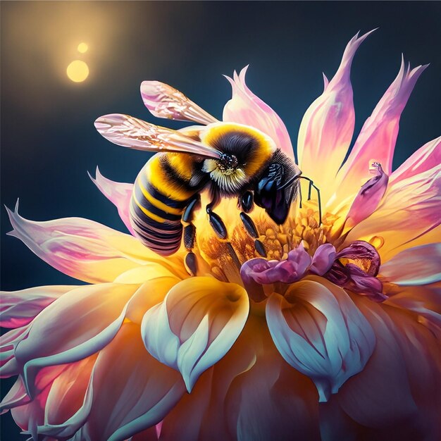 Photo une abeille assise sur une fleur de dahlia au clair de lune