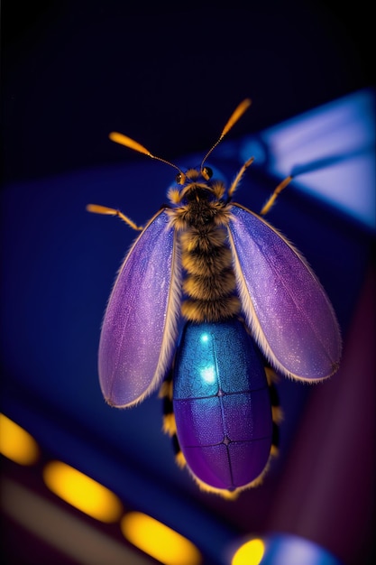 Une abeille assise sur un objet bleu