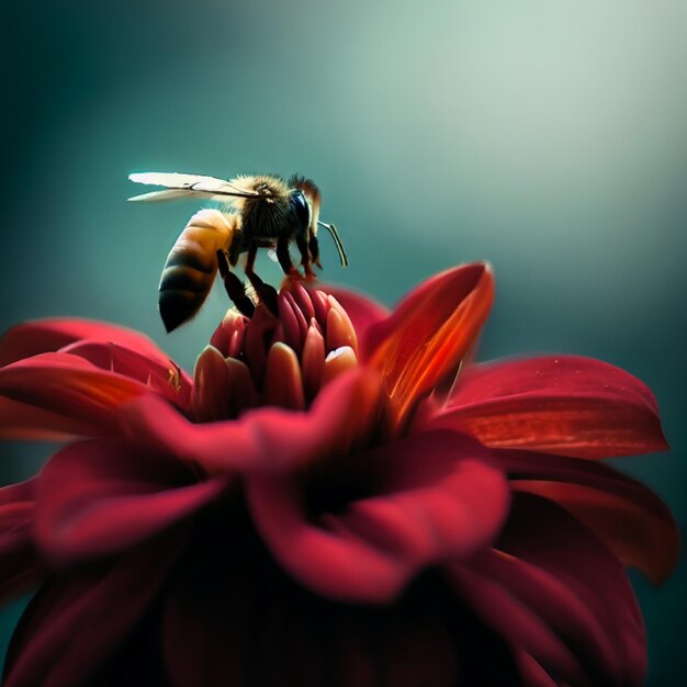 Une abeille assise sur une scène de fleur rouge à l'arrière-plan naturel