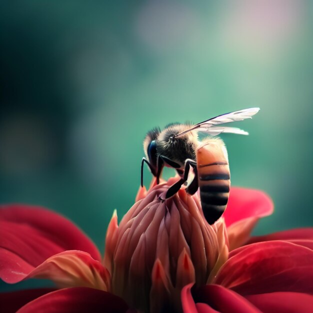 Une abeille assise sur une scène de fleurs rouges