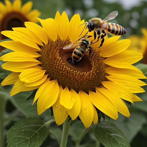 une abeille assise sur un tournesol sous la pluie