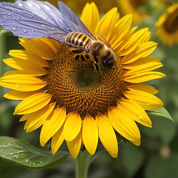 Photo une abeille assise sur un tournesol sous la pluie