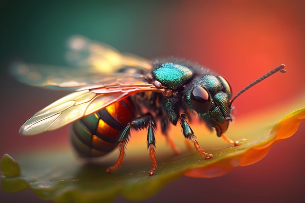 Une abeille aux ailes rouges et vertes est assise sur une feuille.