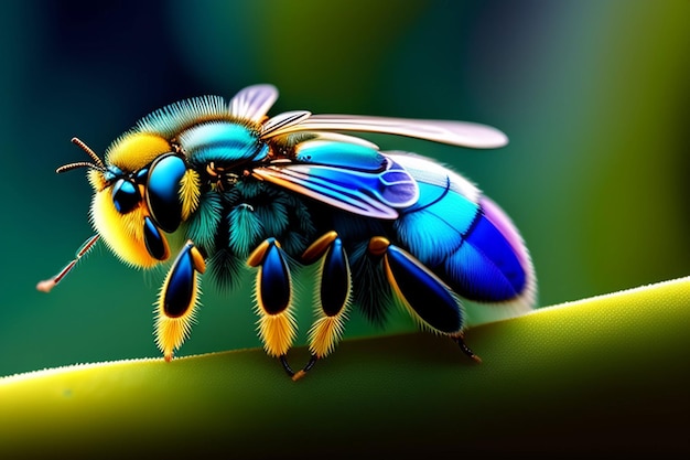 Une abeille bleue et jaune est sur une feuille verte.