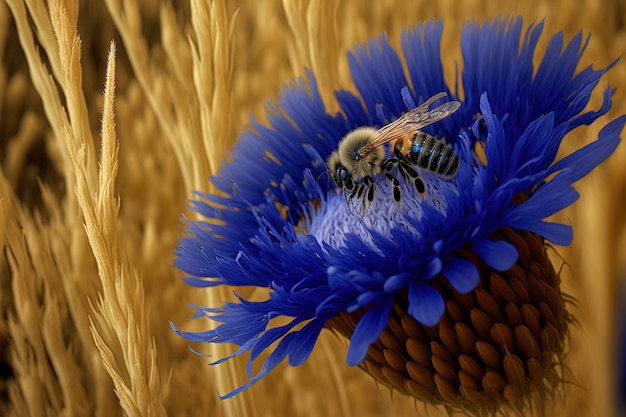 Abeille sur un bleuet près d'un bord de champs de blé