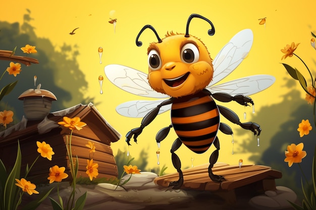 Abeille de dessin animé de campagne sur des pots de miel de ruche à proximité des abeilles volant une charmante illustration