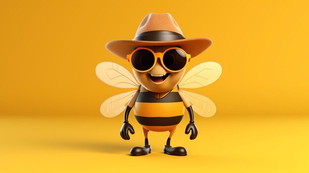 Une abeille de dessin animé avec des lunettes sur un fond jaune