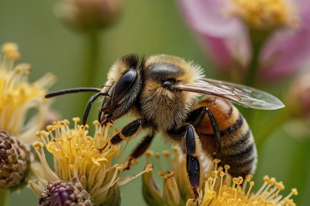 Une abeille détaillée sur une fleur jaune