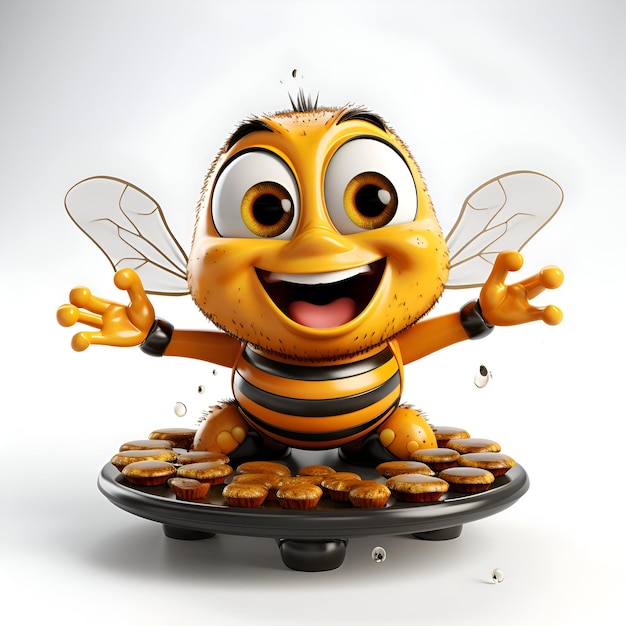 abeille drôle sur une assiette pleine de cookies rendu 3d